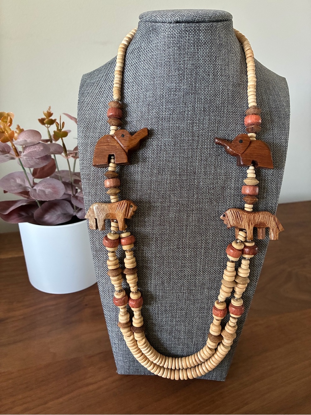 Vintage Carved Wood Animal Necklace Boho Tribal Statement Beaded